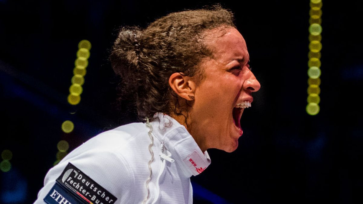 Alexandra Ndolo celebrates her victory over Hungary's Emese Szasz-Kovacs after a qualification fight of the Individial Women's Epee competition at the World Fencing Championships on July 23. GETTY IMAGES