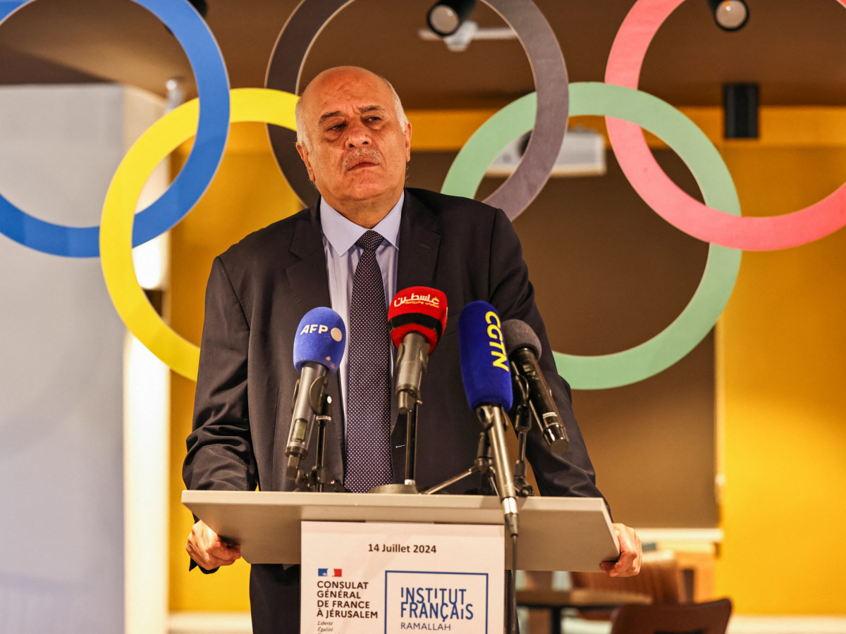 Palestine Olympic Committee president Jibril Rajoub speaks during a send-off ceremony for the Palestine delgation to the upcoming Paris 2024 Olympic Games. GETTY IMAGES