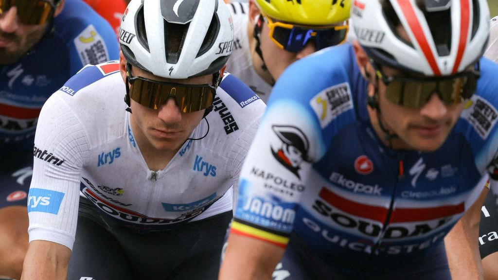  Remco Evenepoel wearing the best young rider's white jersey cycles with the pack of riders (peloton) during the 10th stage of the 111th edition of the Tour de France GETTY IMAGES
