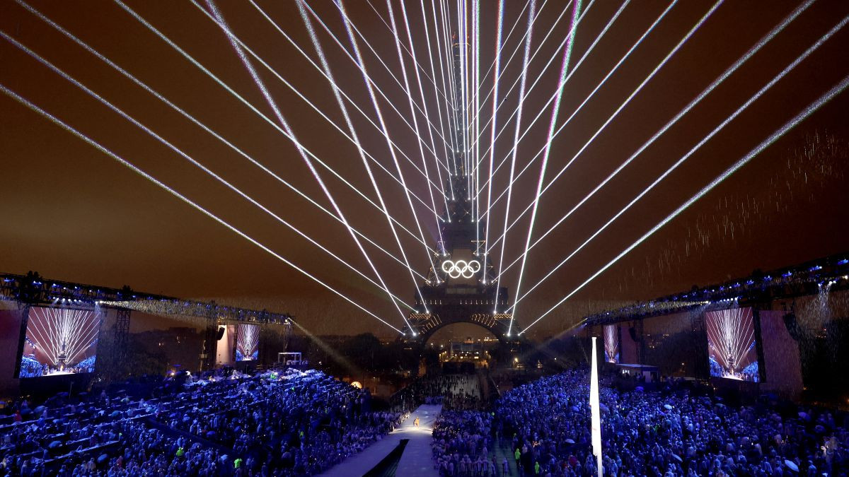 A Light Show takes place as The Olympic Rings on the Eiffel Tower are illuminated during the opening ceremony of the Olympic Games Paris 2024 at Place du Trocadero. GETTY IMAGES