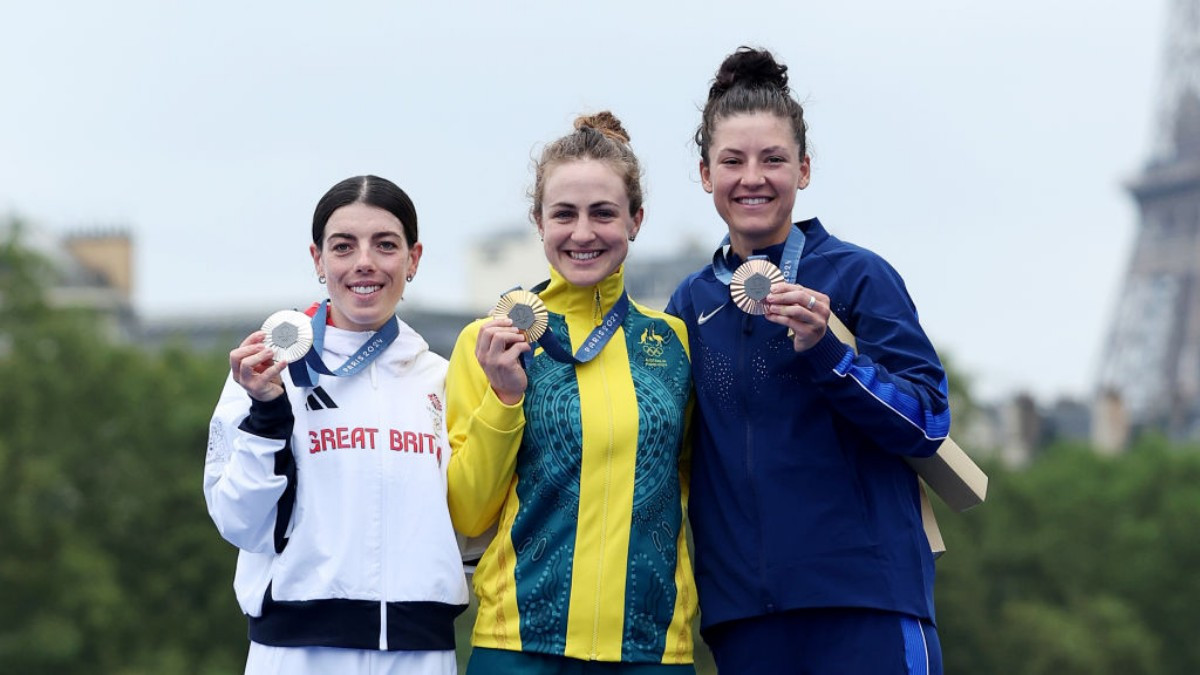 
The women's podium: Grace Brown (C), Anna Henderson (L), and Chloe Dygert (R). GETTY IMAGES