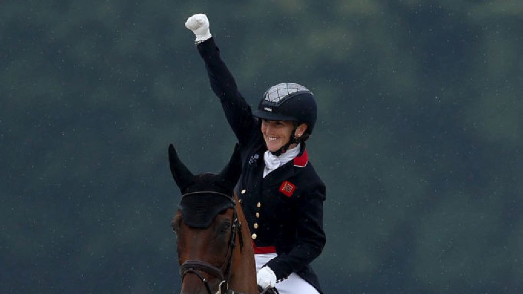  Laura Collett and horse London 52 of Team Great Britain celebrate after their routine in the Eventing Individual Dressage leg on day one of the Olympic Games Paris 2024. GETTY IMAGES