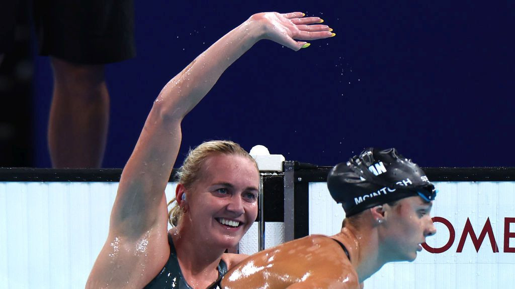 Ariarne Titmus of Team Australia celebrates after winning gold in the Women's 400m Freestyle. GETTY IMAGES
