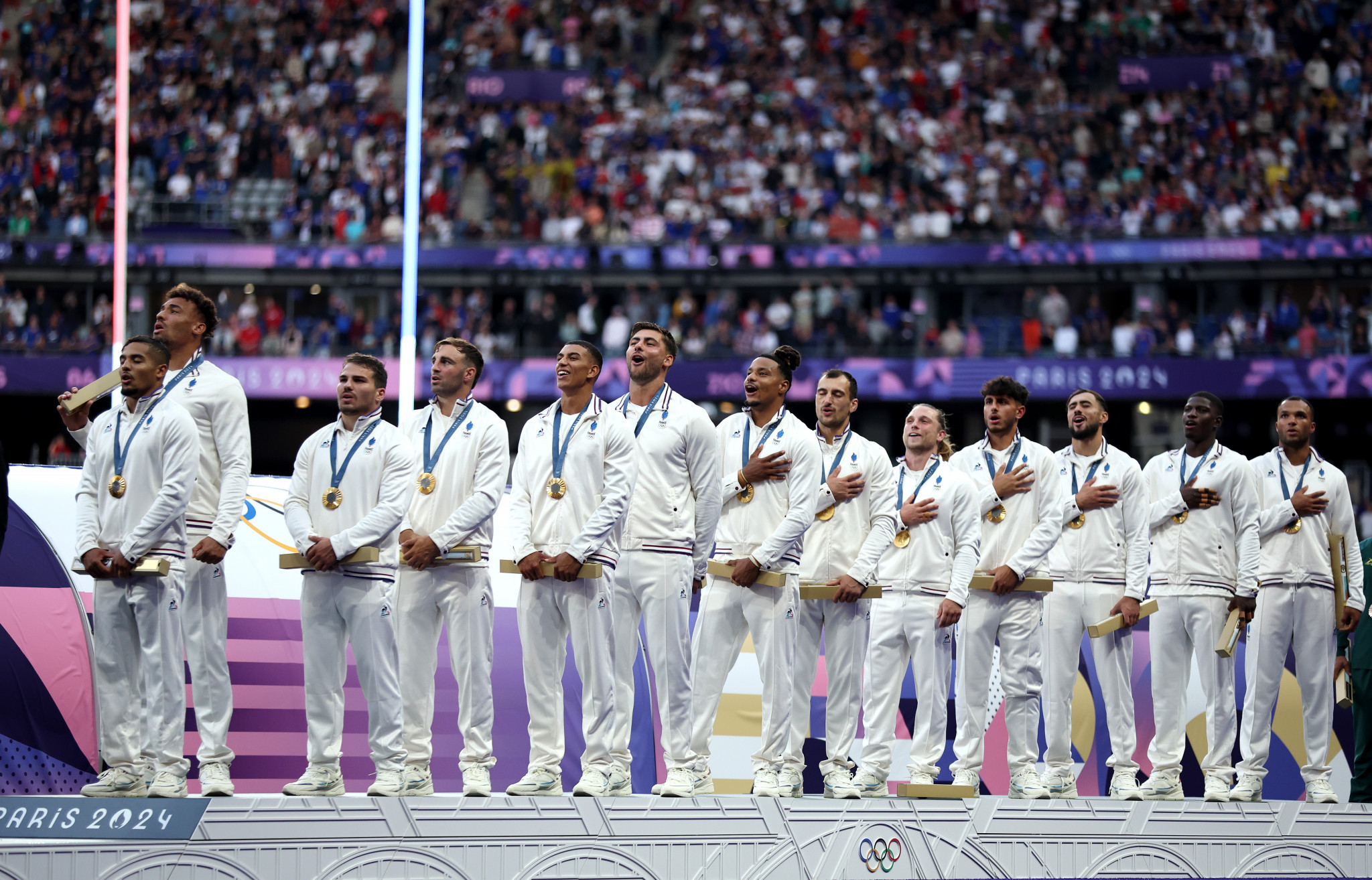 Gold medalists of Team France on the podium during the Men’s Rugby Sevens medal ceremony at the Olympic Games Paris 2024. GETTY IMAGES.