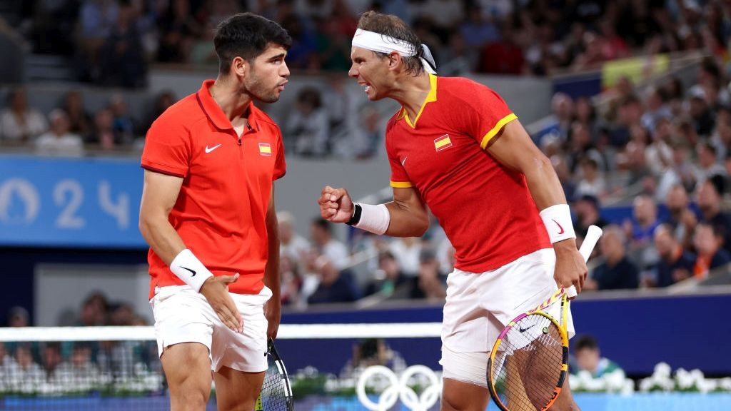 Rafael Nadal (R) and partner Carlos Alcaraz of Team Spain celebrate against Andres Molteni and Maximo Gonzalez of Team Argentina GETTY IMAGES