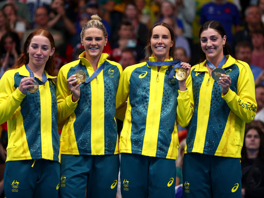 Australia's gold medalists, Mollie O'Callaghan, Shayna Jack, Emma McKeon and Meg Harris. GETTY IMAGES