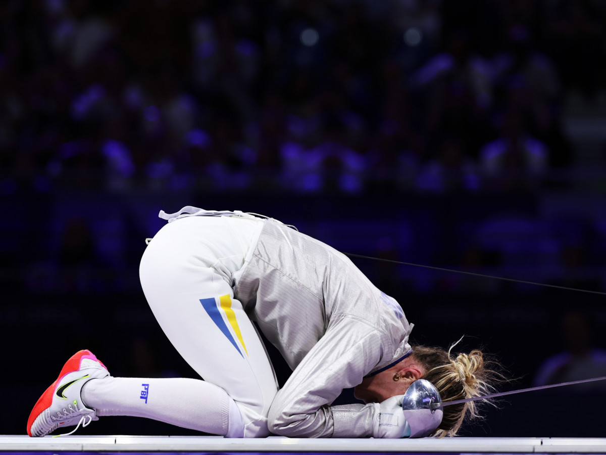 Olga Kharlan of Team Ukraine celebrates winning the Fencing Women's Sabre Individual Bronze Medal Bout on day three of the Paris 2024 Olympic Games. GETTY IMAGES