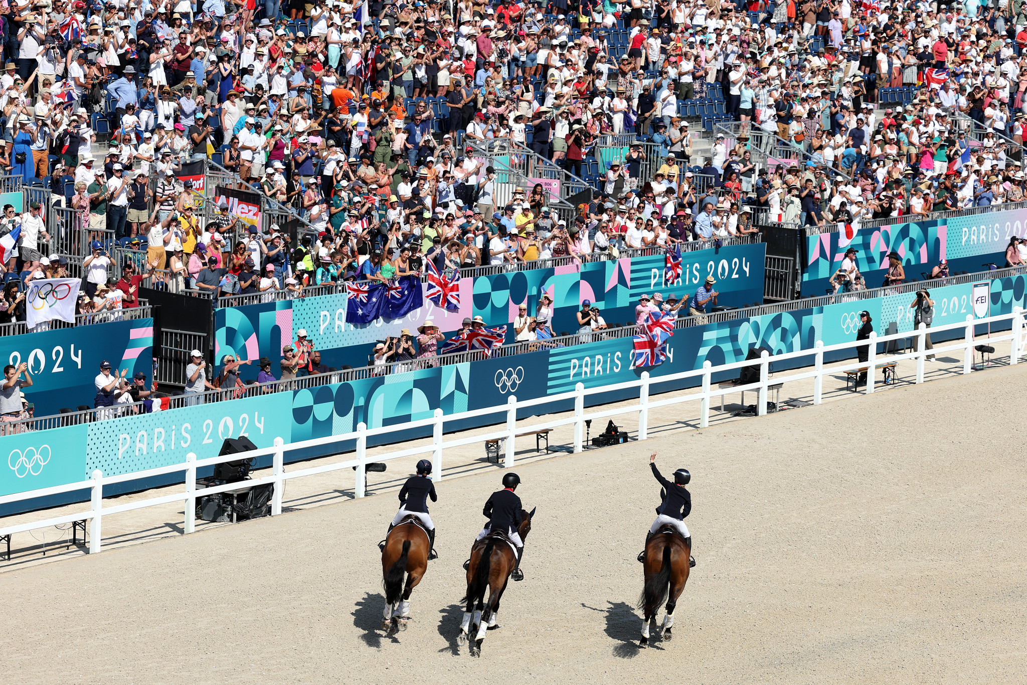 Gold medalists of Team GB at an equestrian event at the Paris 2024 Olympic Games. GETTY IMAGES