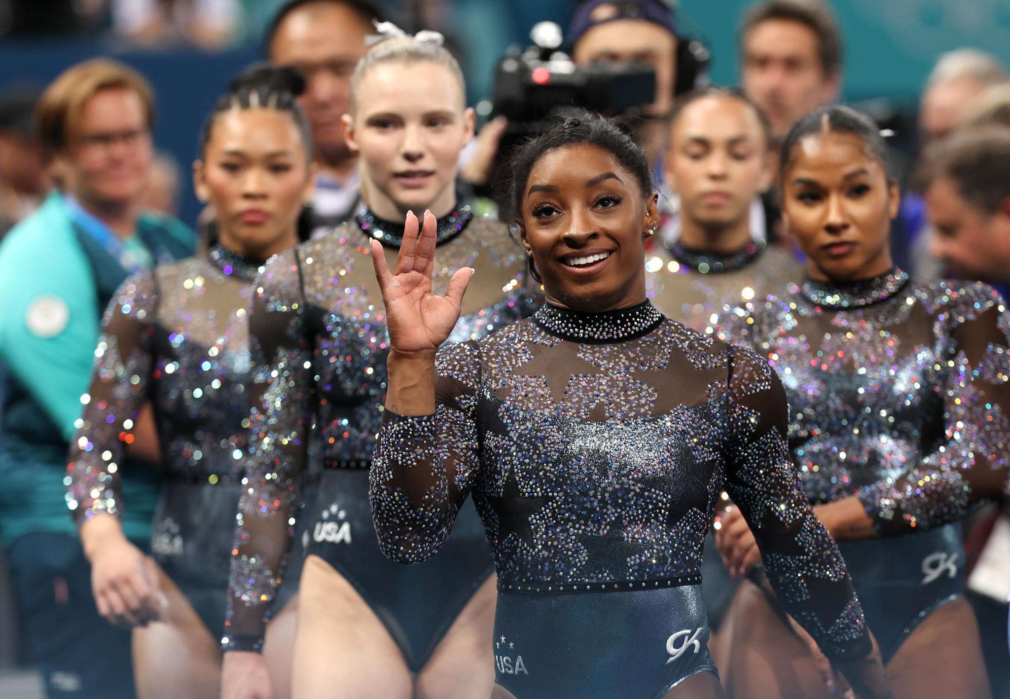 Simone Biles of Team United States and members of Team United States at the Paris 2024 Olympic Games. GETTY IMAGES