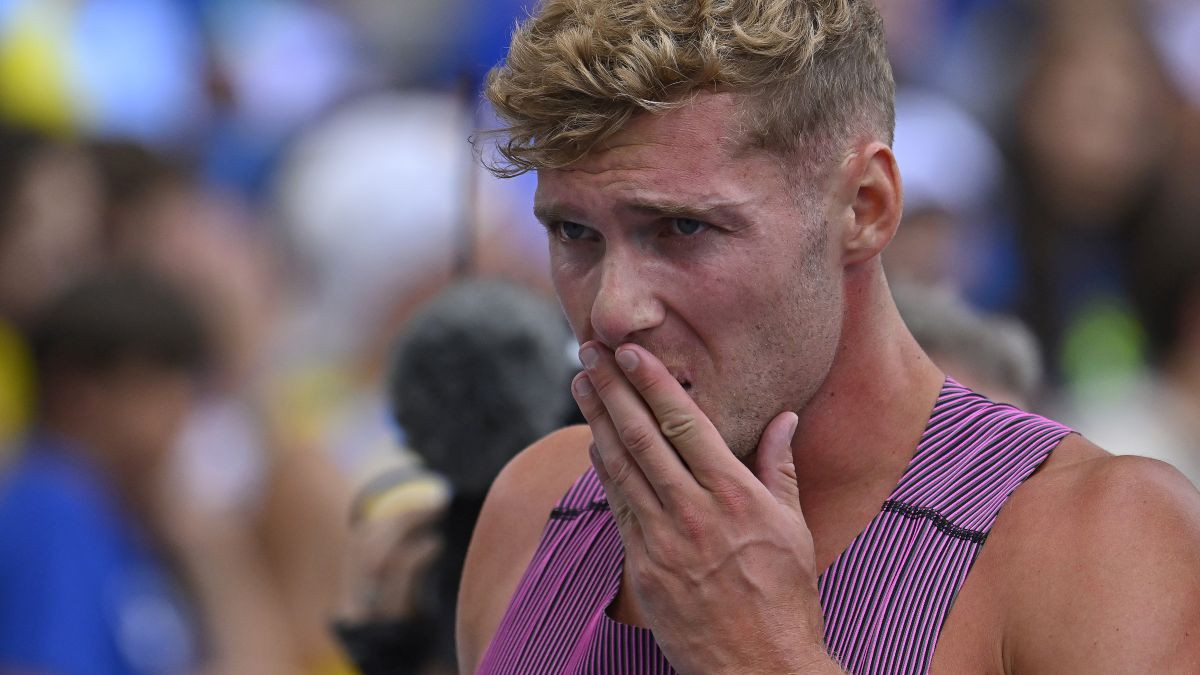 Mayer reacts after his injury of the triathlon during the 2024 Diamond League. GETTY IMAGES