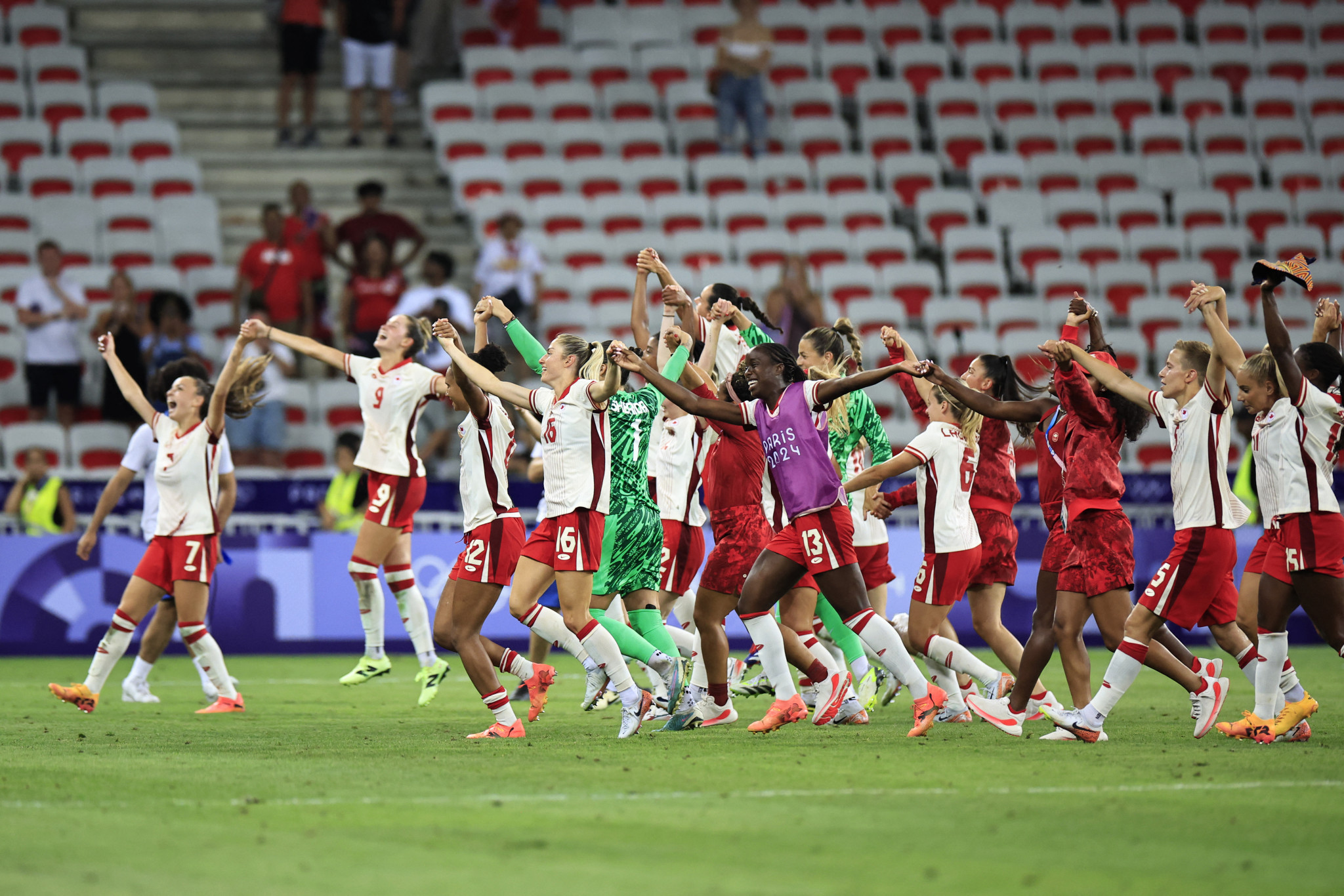 Canada's football players celebrate beating Colombia in the final game of Women's Group A at the Paris 2024 Olympic Games. GETTY IMAGES