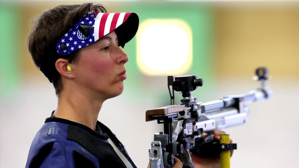 Sagen Maddalena of Team United States reacts after competing in the Shooting 10m Air Rifle Mix Team Qualification. GETTY IMAGES