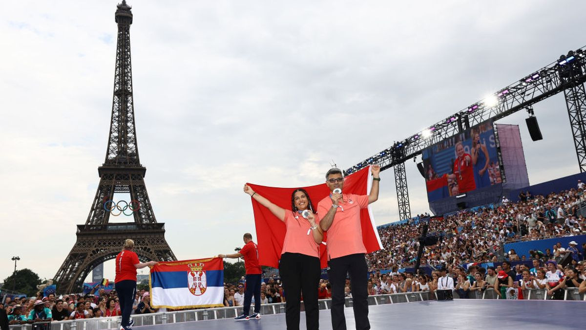 Rifle Mixed Team - Mixed Silver Medalists Sevval Ilayda Tarhan and Yusuf Dikec pose for a photo at Champions Park. GETTY IMAGES