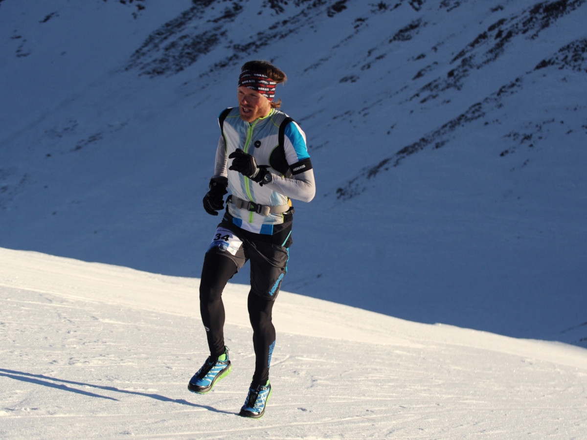 Alpine trail runner Mathieu Brignon of France arrives as the first at the snow-covered summet of Punta Bagna. GETTY IMAGES