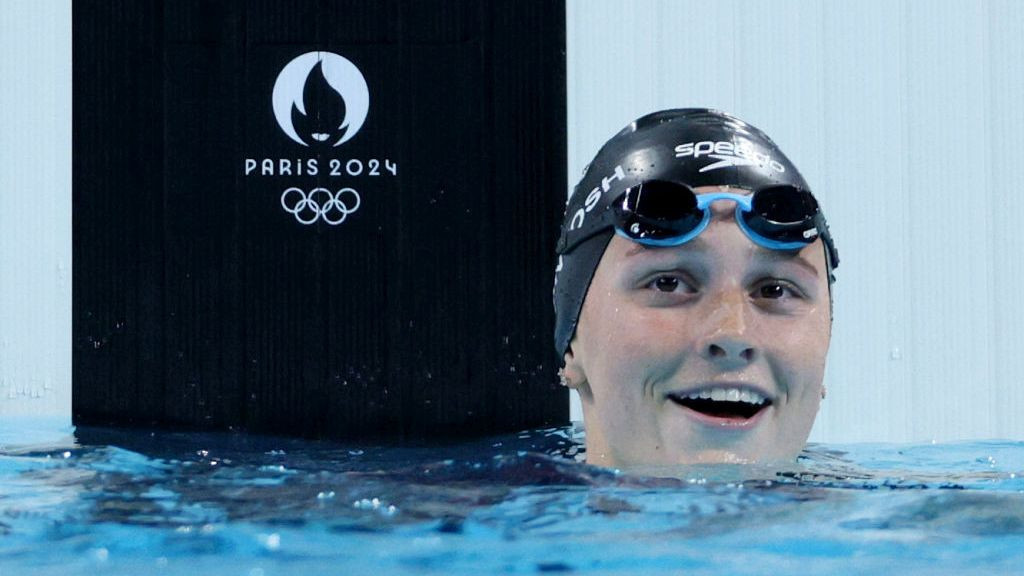 Summer McIntosh of Team Canada looks on after winning gold in the Women's 200m Butterfly. GETTY IMAGES