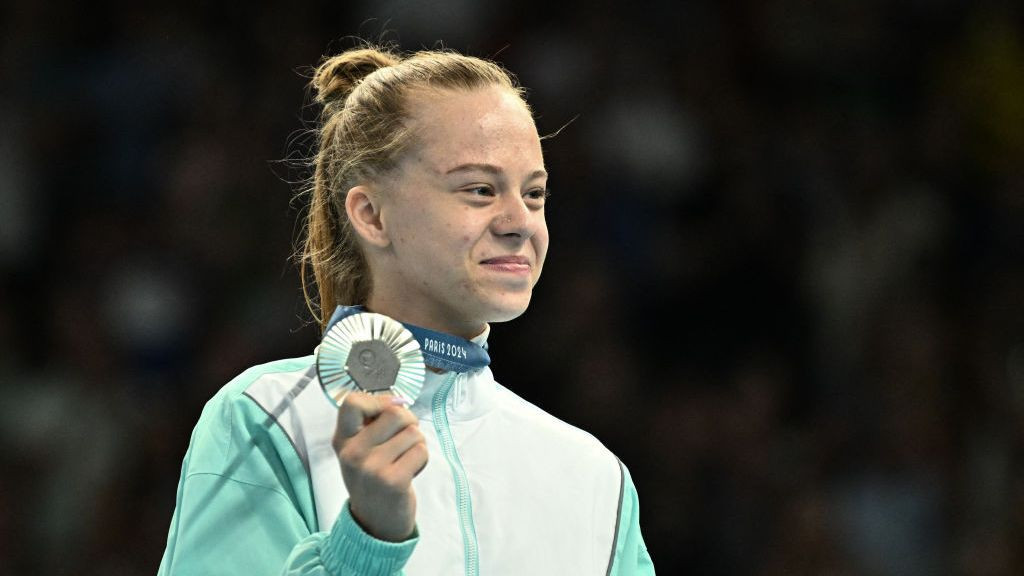 Individual Neutral Athlete Viyaleta Bardzilouskaya celebrates her silver medal . GETTY IMAGES