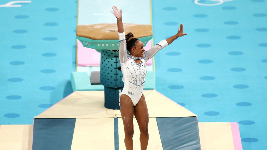 Rebeca Andrade of Team Brazil celebrates after finishing during the Artistic Gymnastics Women's Vault Final. GETTY IMAGES