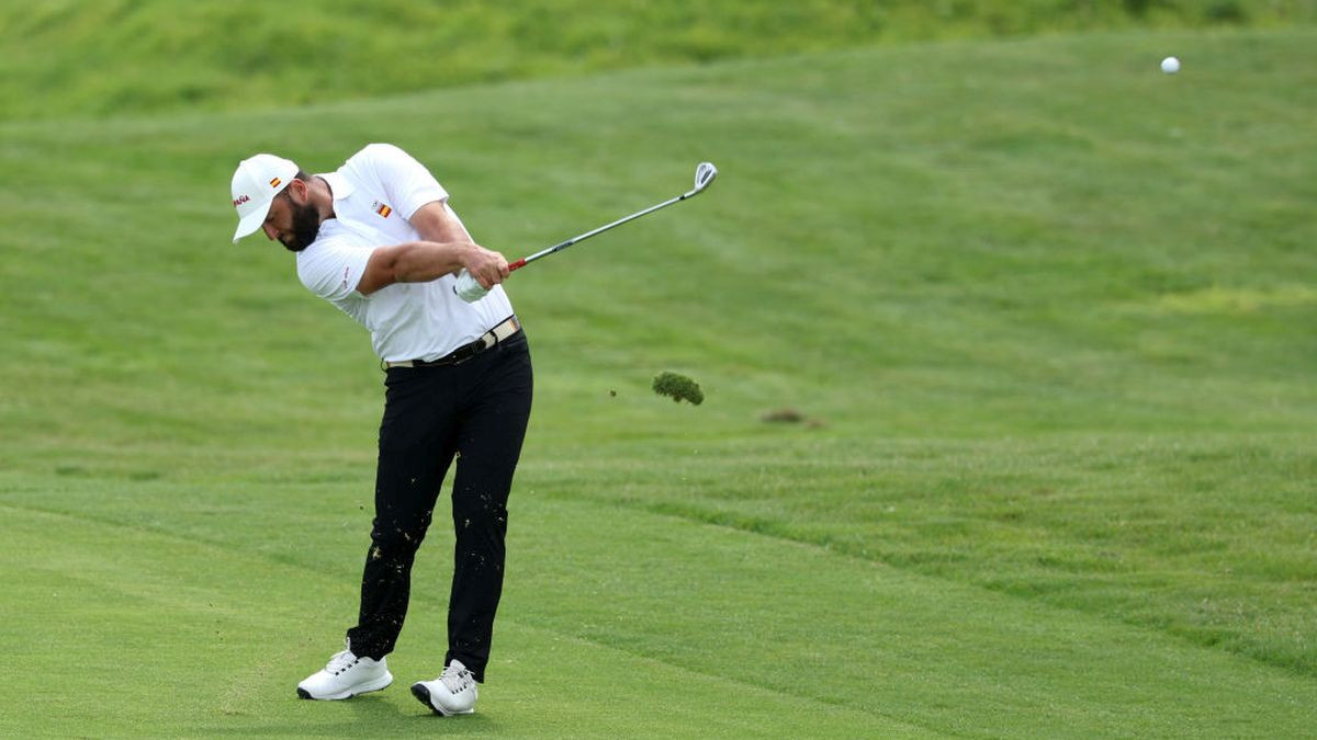 Jon Rahm plays a shot on the sixth hole. GETTY IMAGES