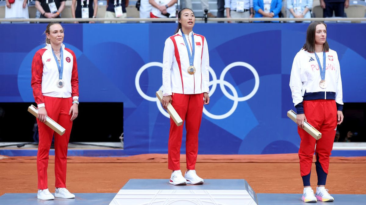 The podium of the Tennis Women's Singles in the medal ceremony. GETTY IMAGES