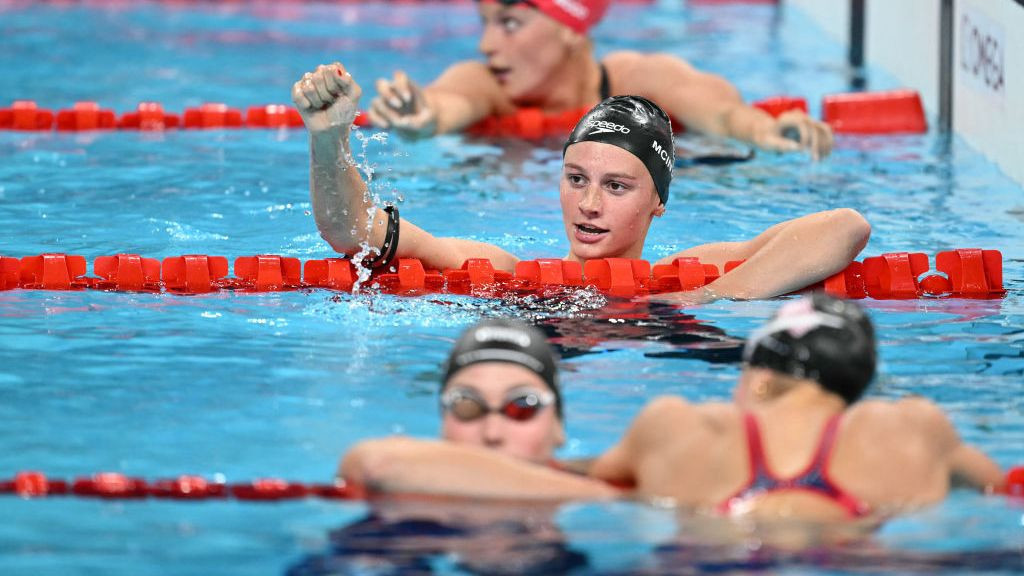 Summer Mcintosh celebrates after winning the final of the women's 200m individual medley. GETTY IMAGES