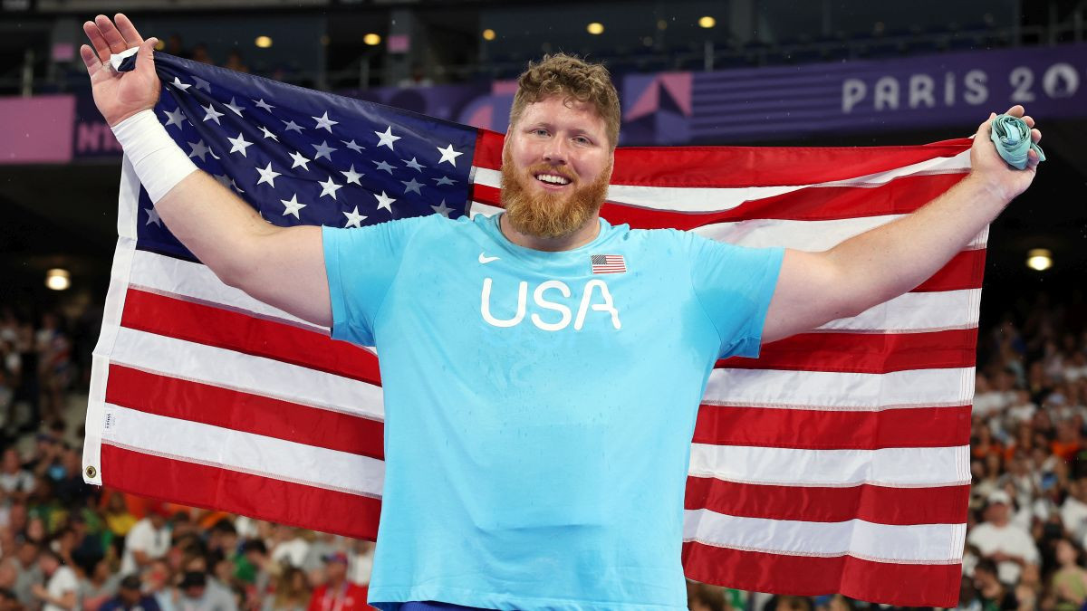 Ryan Crouser celebrates following the Men's Shot Put Final. GETTY IMAGES