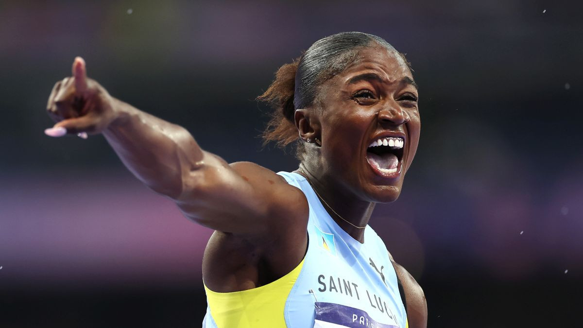 Julien Alfred of Team Saint Lucia celebrates winning the gold medal during the Women's 100m Final. GETTY IMAGES