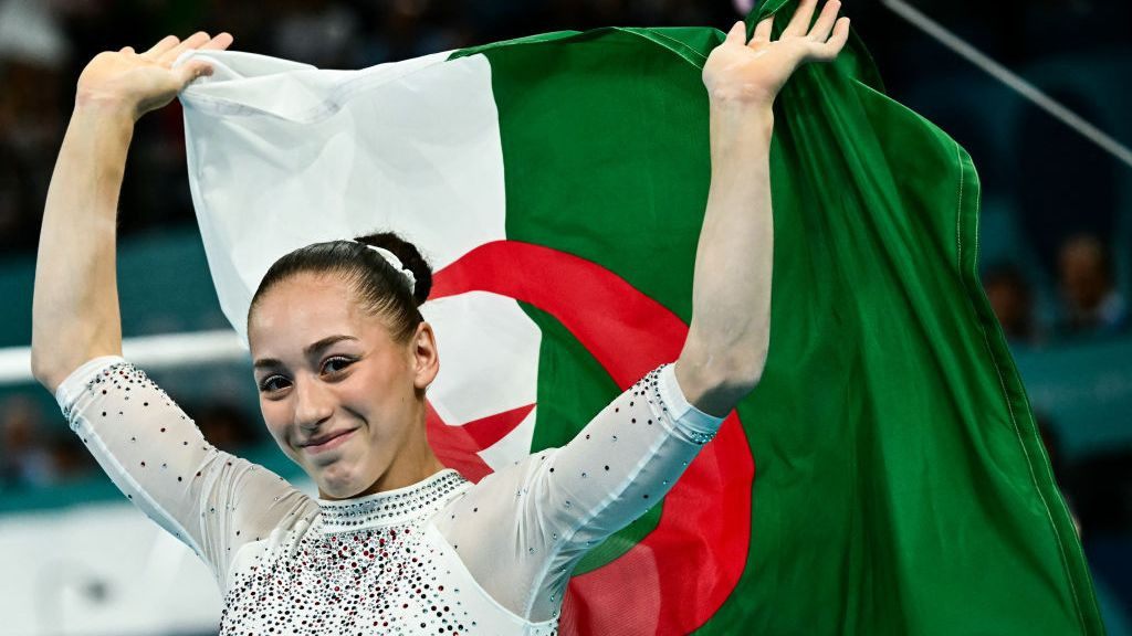 Algeria's Kaylia Nemour in the artistic gymnastics womens uneven bars final. GETTY IMAGES
