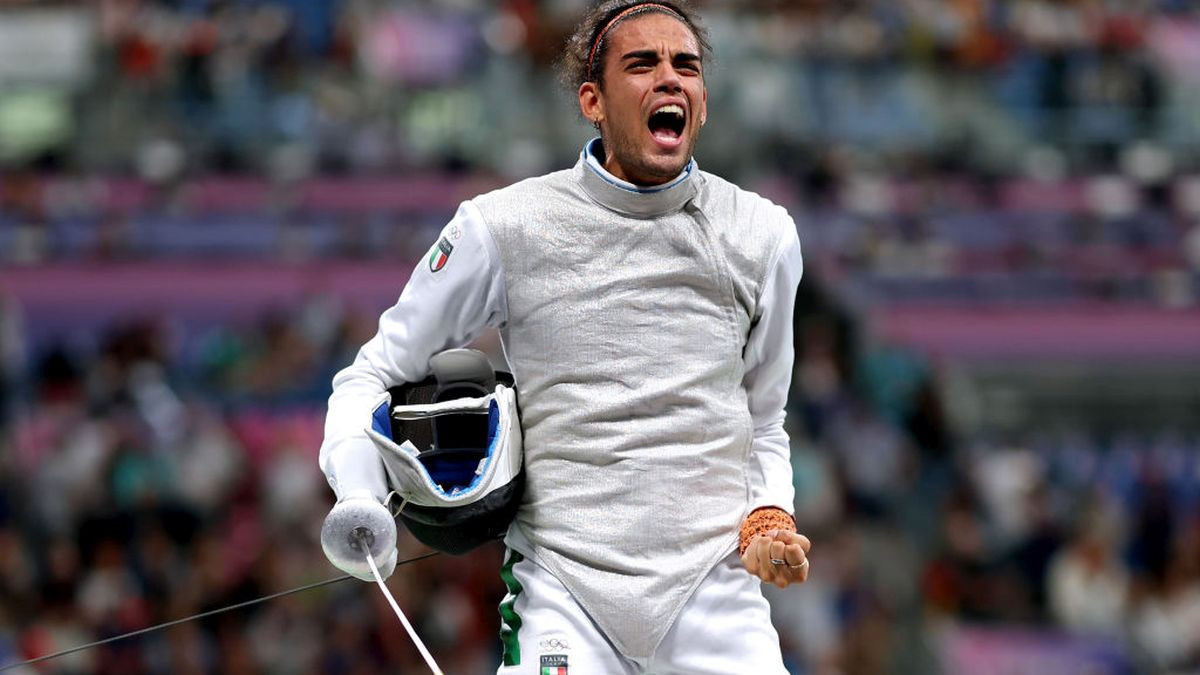 Tommaso Marini of Team Italy celebrates winning against Alexander Massialas (not pictured) of Team United States to win the Fencing Men's Foil Team Semifinal on day nine of the Olympic Games Paris 2024 at Grand Palais on August 04. GETTY IMAGES
