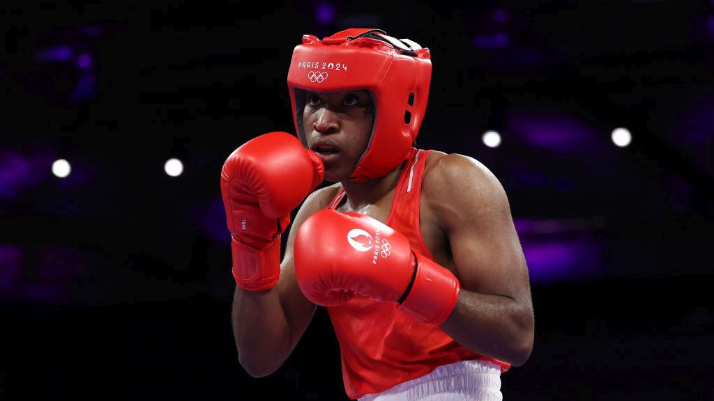 Cindy Winner Djankeu Ngamba of Refugee Olympic Team looks on against Davina Michel of Team France. GETTY IMAGES