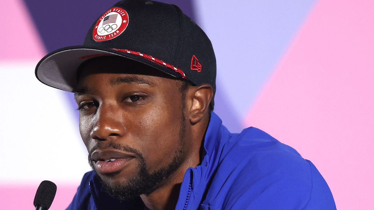 Noah Lyles during a press conference at Paris 2024. GETTY IMAGES