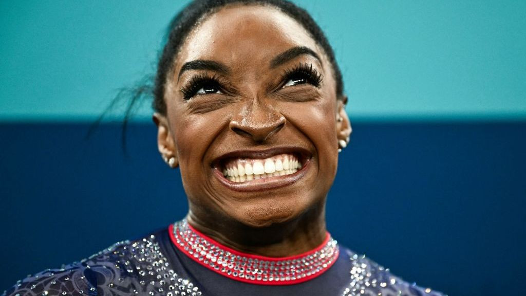 US' Simone Biles reacts after competing in the artistic gymnastics women's floor exercise final. GETTY IMAGES