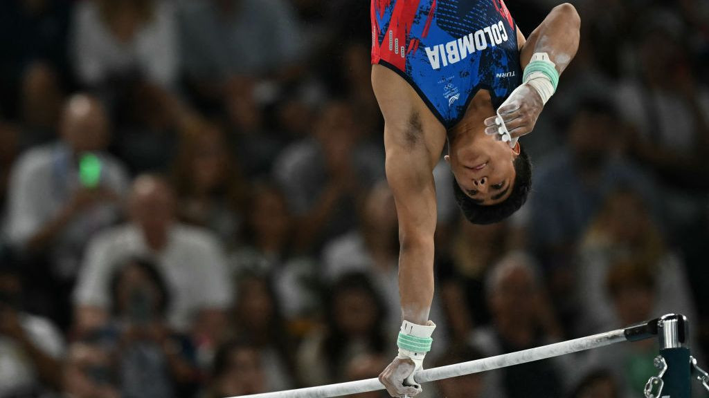 Colombia's Angel Barajas competes in the artistic gymnastics men's horizontal bar. GETTY IMAGES