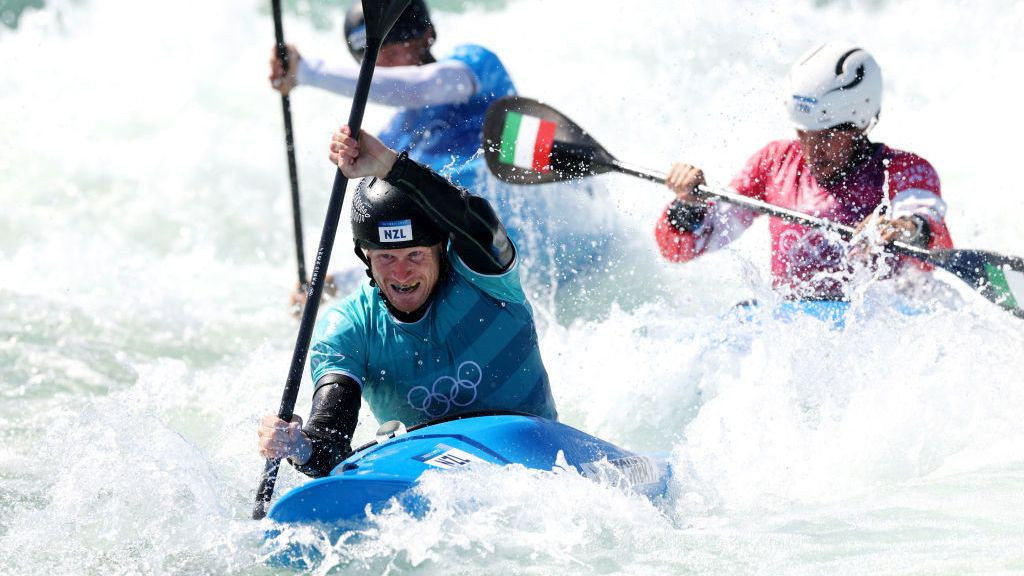 Finn Butcher of Team New Zealand competes during the Canoe Slalom Men's Kayak Cross Quarterfinal. GETTY IMAGES