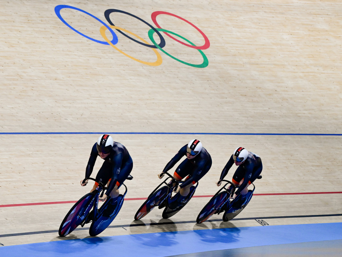 Katy Marchant, Sophie Capewell and Emma Finucane of Team GB compete in the women's track cycling team sprint first round of the Paris 2024 Olympic Games. GETTY IMAGES