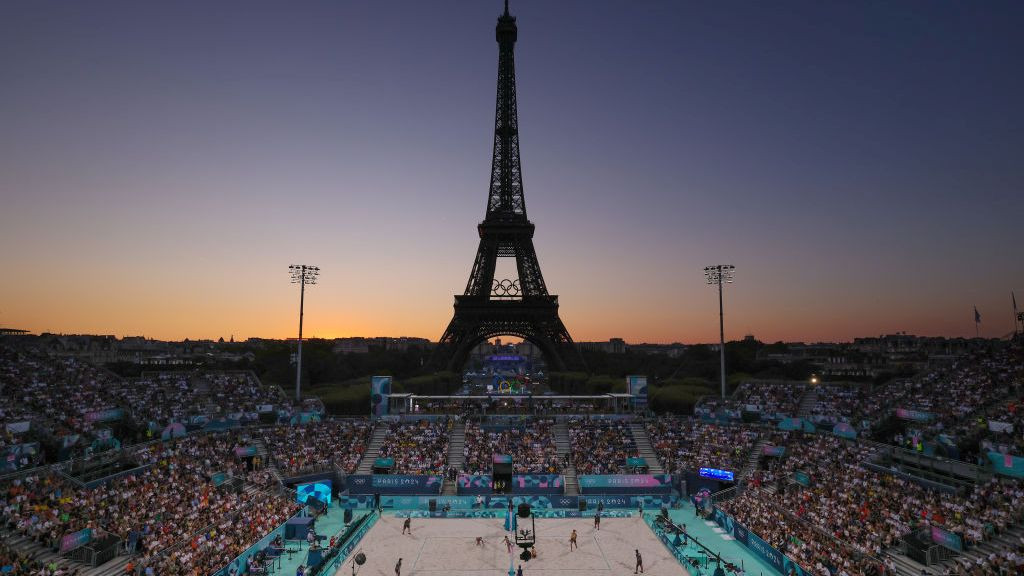 A general view of the Eiffel Tower at sunset during a Women's Round. GETTY IMAGES