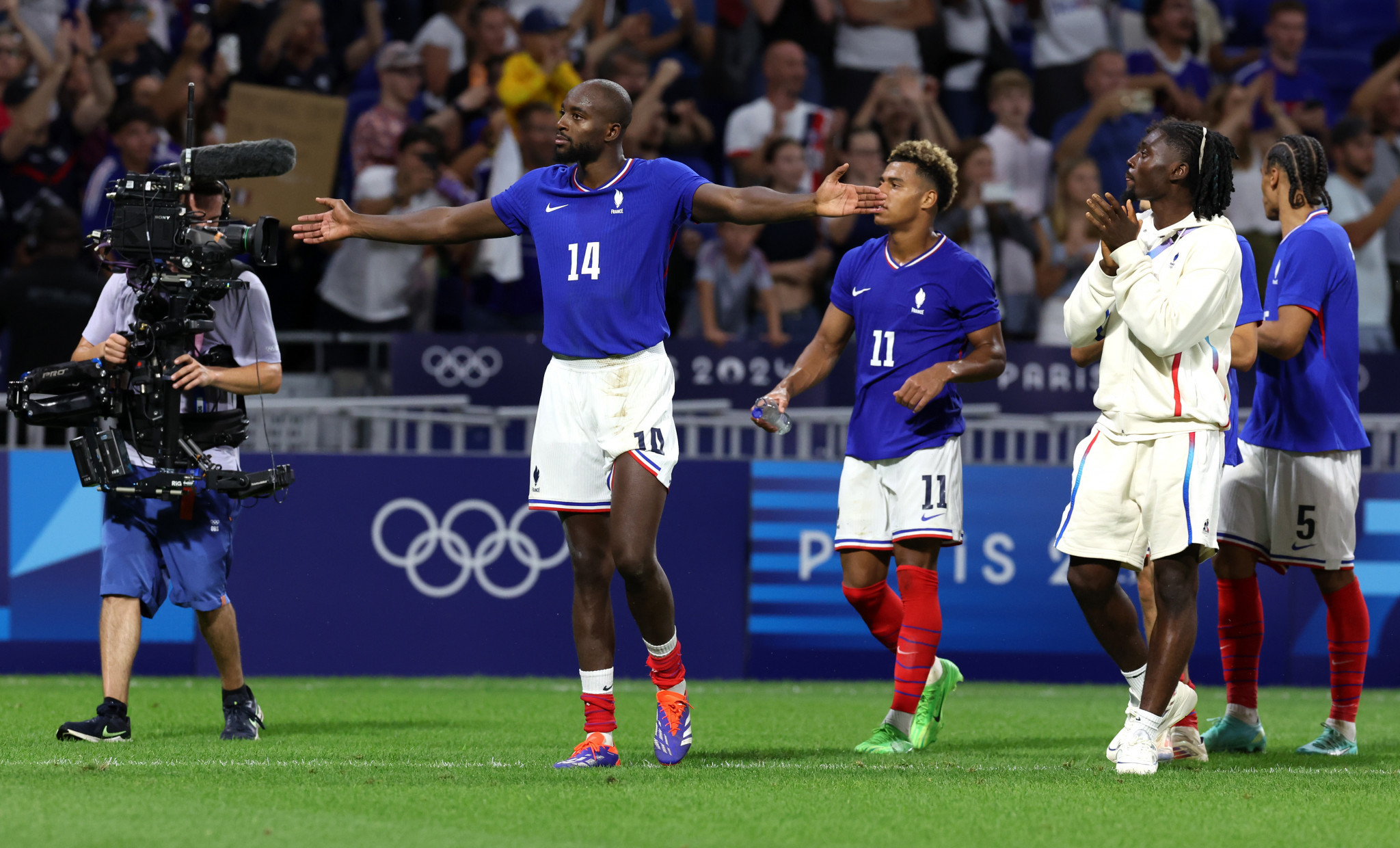 Jean-Philippe Mateta of Team France celebrates victory after the Men's semifinal match between France and Egypt at the Paris 2024 Olympic Games. GETTY IMAGES