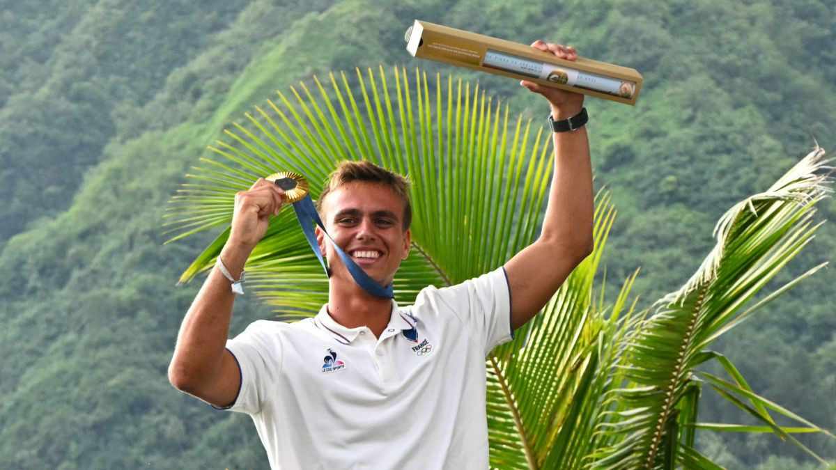 Kauli Vaast reacts in the mens surfing podium ceremony. GETTY IMAGES