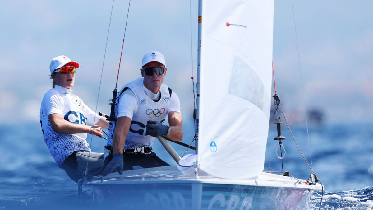  Chris Grube and Vita Heathcote of Team Great Britain compete in the Mixed Dinghy 470 class race. GETTY IMAGES