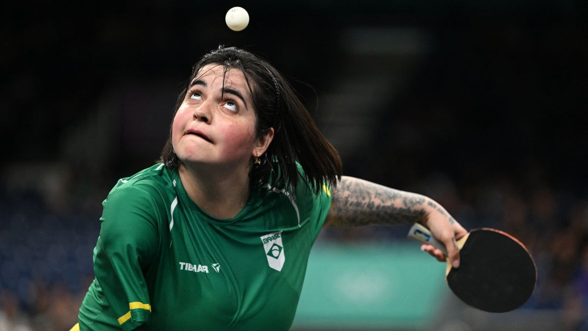 Bruna Alexandre looks at the ball during her women's singles table tennis match in Paris. GETTY IMAGES