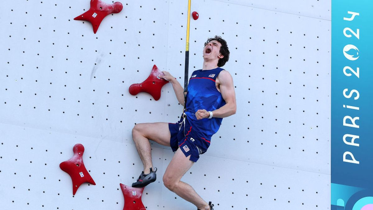 Sam Watson of Team United States celebrates after setting a new world record of 4.75 seconds during the Men's Speed, Qualification Seeding on day eleven of the Olympic Games Paris 2024 at Le Bourget Sport Climbing Venue on August 06. GETTY IMAGES