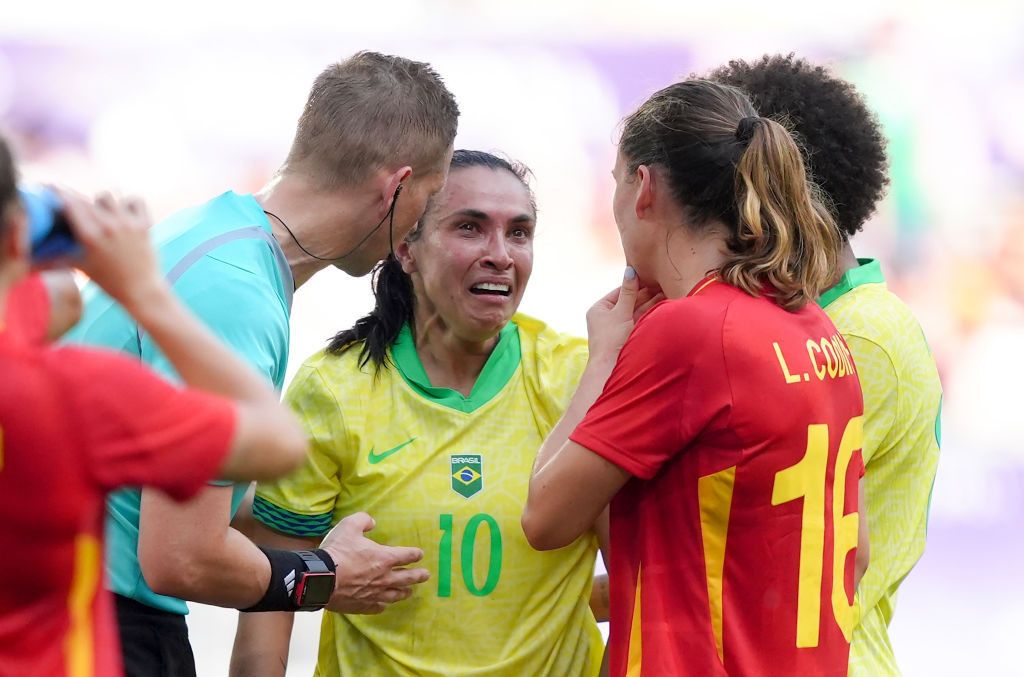 Marta Vieira of Brazil reacts after being sent off during the Women's group C match. GETTY IMAGES