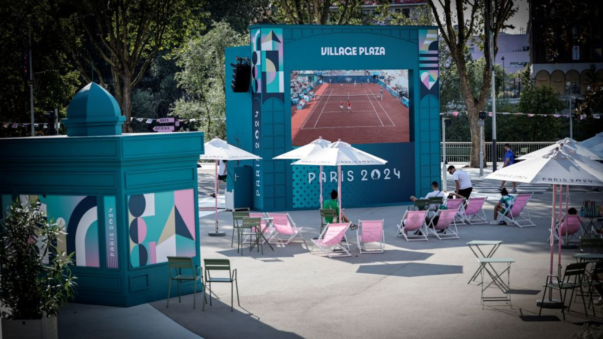 Village plaza at the Paris 2024 Olympic Village, in Saint-Denis on  2 August 2024. GETTY IMAGES
