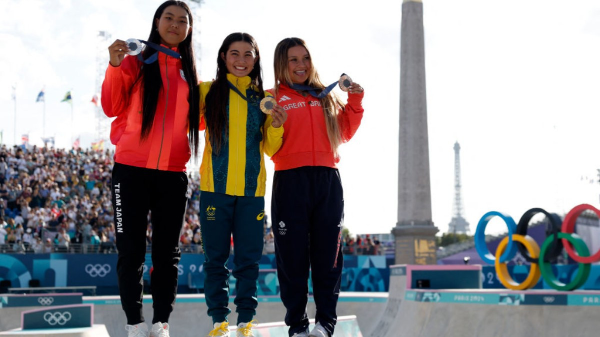 Olympic podium: Arisa Trew, Cocona Hiraki, and Sky Brown. GETTY IMAGES