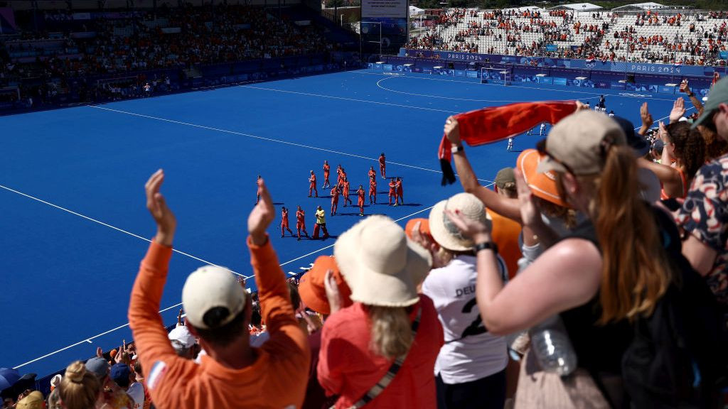 Fans inside the stadium celebrate following Netherlands victory in the Men's Semi Final match against Spain. GETTY IMAGES