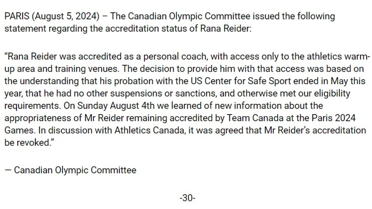 Screenshot of the press release from the Canadian Olympic Committee. INSIDE THE GAMES