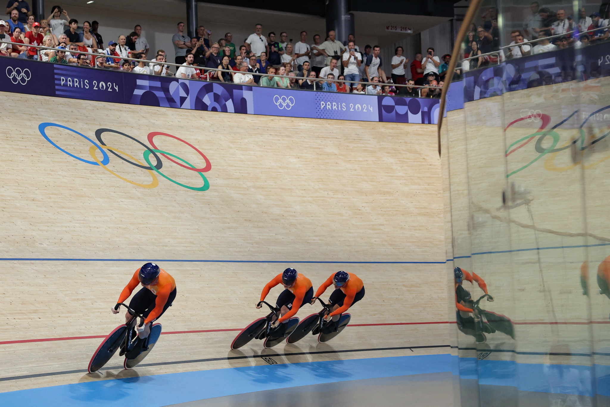 Roy van den Berg, Harrie Lavreysen and Jeffrey Hoogland of Team Netherlands compete during the Men's Team Sprint Qualifiers at the Paris 2024 Olympic Games. GETTY IMAGES