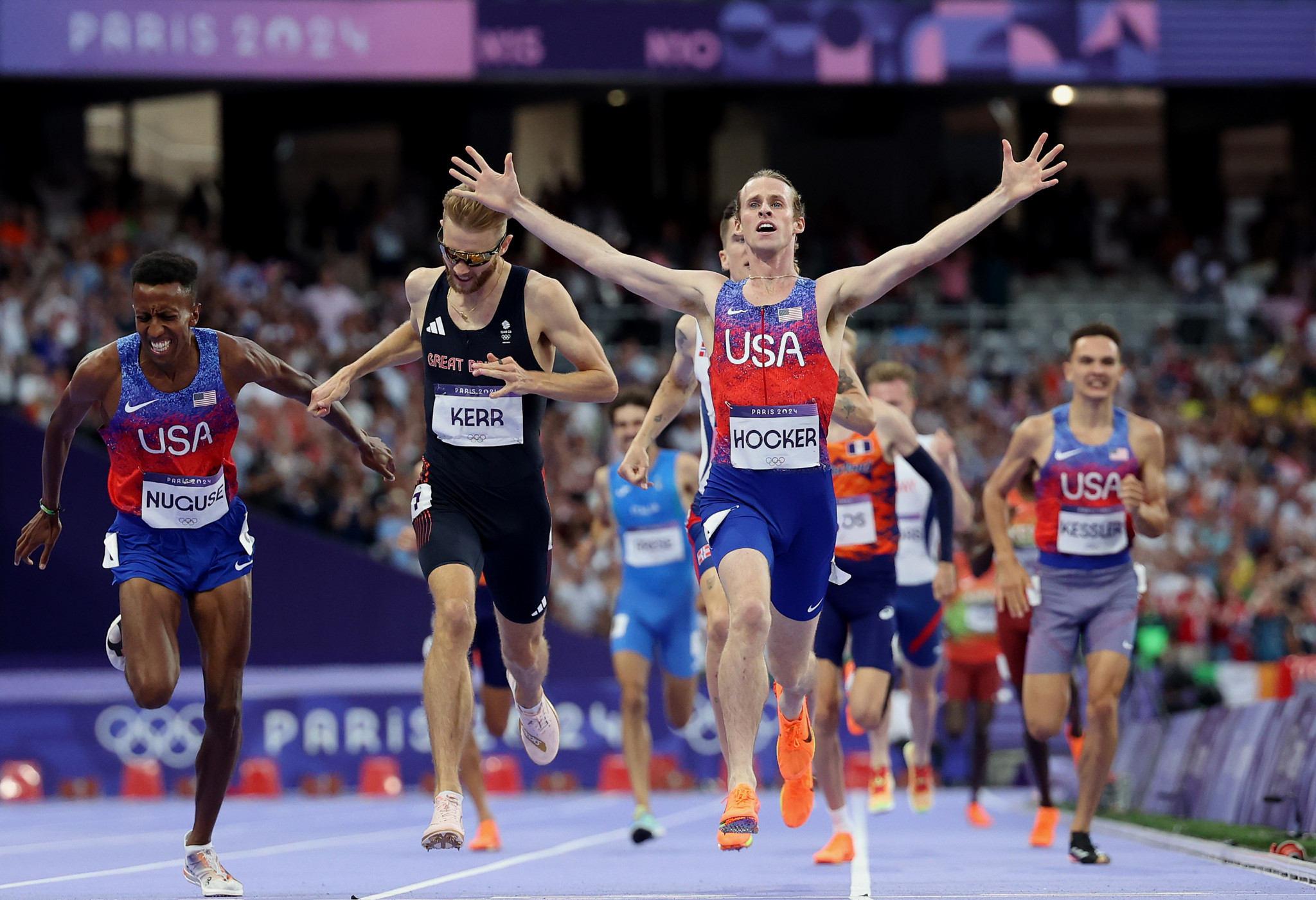  Cole Hocker of Team United States crosses the finish line during the Men's 1500m Final at the 2024 Paris Olympic Games. GETTY IMAGES