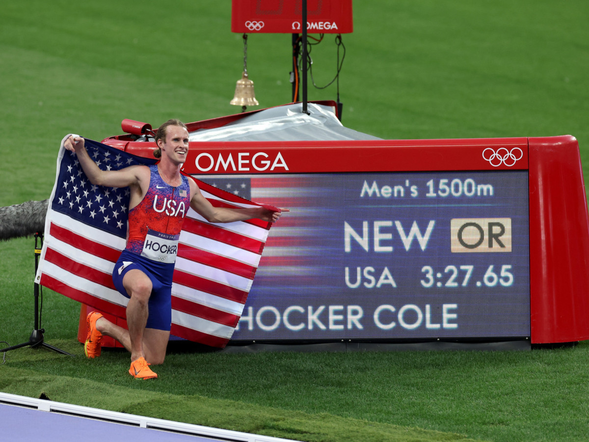 Cole Hocker of Team United States celebrates winning the gold medal with new Olympic Record after competing in the Men's 1500m Final at the Paris 2024 Olympic Games. GETTY IMAGES