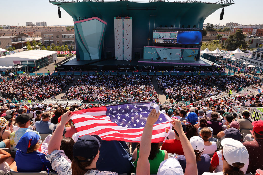 General view inside the venue as Team United States fans wave their flag during the Men's Boulder & Lead Semifinal. GETTY IMAGES