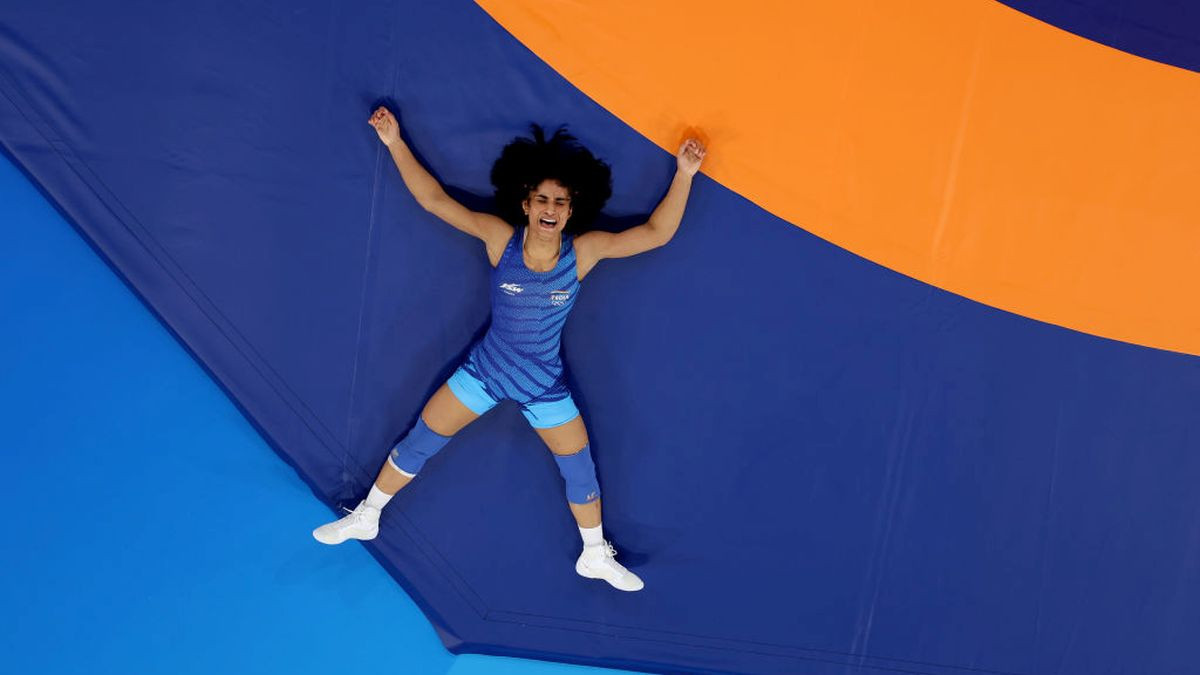 Vinesh of Team India react during the Women's Freestyle 68kg Repechage. GETTY IMAGES